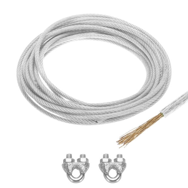 Uxcell 3/16 Clear Vinyl Coated Wire Rope 20ft Galvanized Steel with 2PCS M6 Loop Sleeves