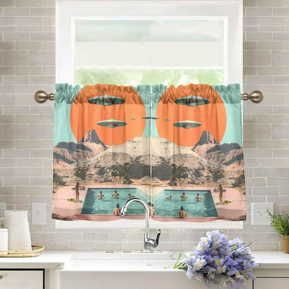 Yayeee Kitchen Curtains Tier Pair Light Filtering 27"x36" Rod Pocket Short Cafe Window Panel, Retro UFO