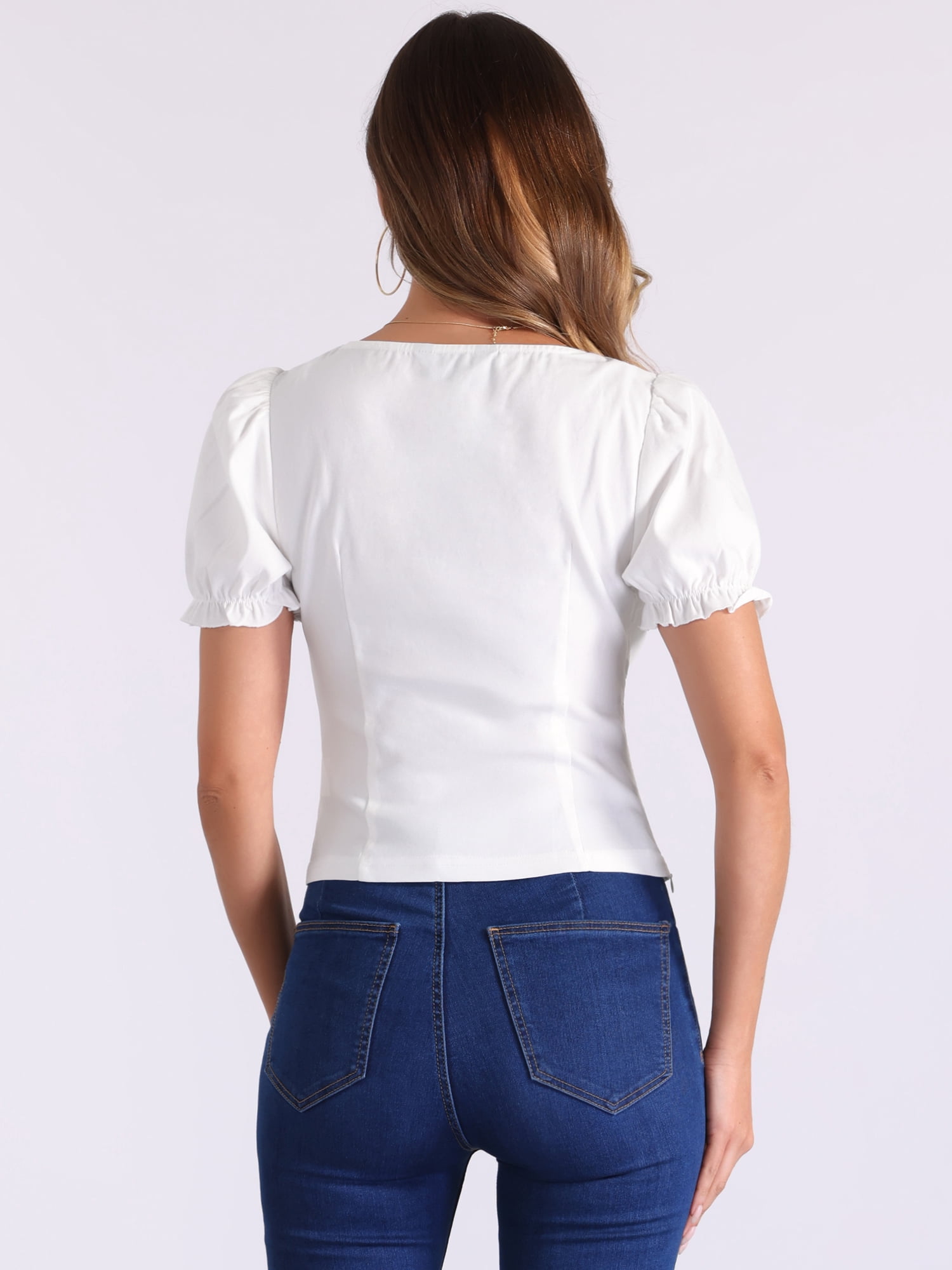 DARING DIVA Women's Square Neck Puff Sleeve Victorian Vintage Top M White