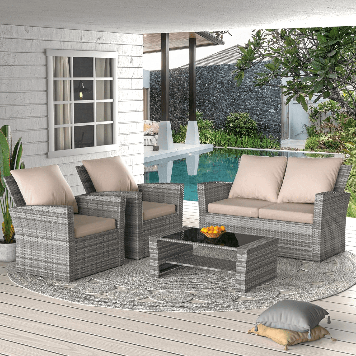 Amopatio Wicker Patio Furniture Set, 4 Piece Outdoor Sectional Conversation Sets, Gray PE Rattan Patio Sofa Set for Balcony, Porch, Backyard, Khaki