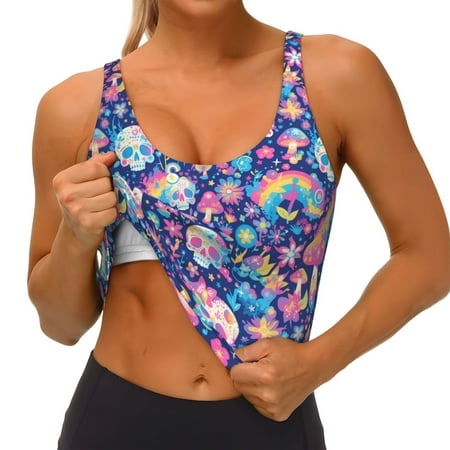Qokaie mushroom Skull rainbow color Pattern Womens Scoop Neck Sports Bra Breathable Workout Vest Padded U Back Medium Impact Fitness Gym Yoga Bra Workout Crop Top
