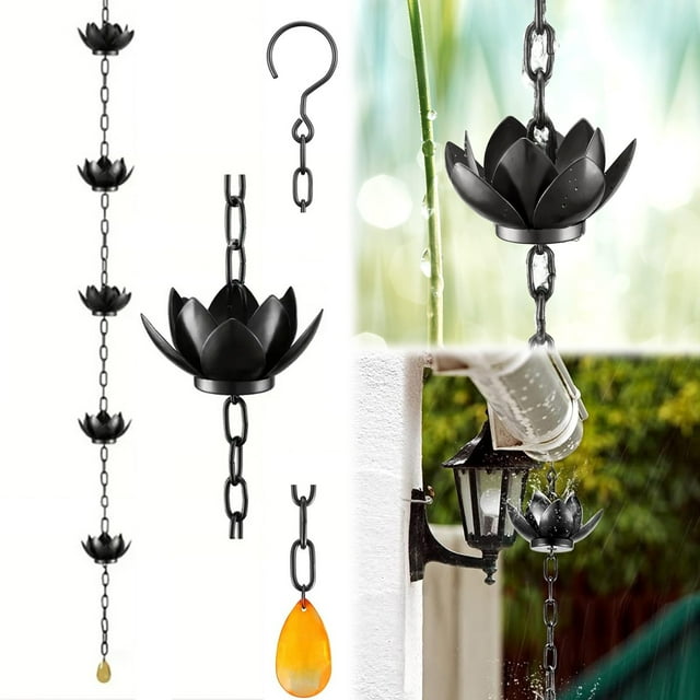 Rain Chain Rain Catcher Chain For Gutters Outside With Adapter Rain Chain Cups To Replace Gutter Downspout Divert Water And Home Display Cups Adjustable Blac,Lotus Rain Chain*1 Clearance