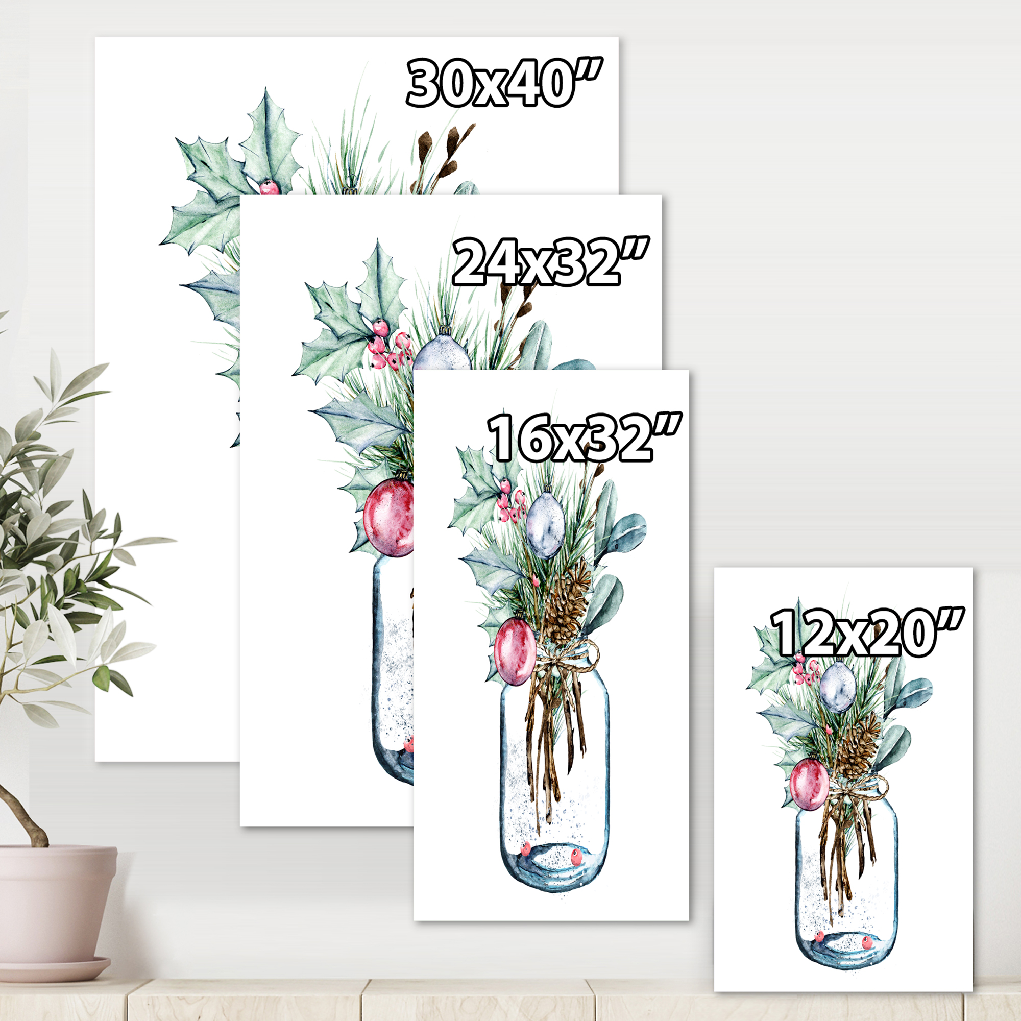 Designart ' Merry Christmas Bouquet In Transparant Jar ' Traditional Canvas Wall Art Print
