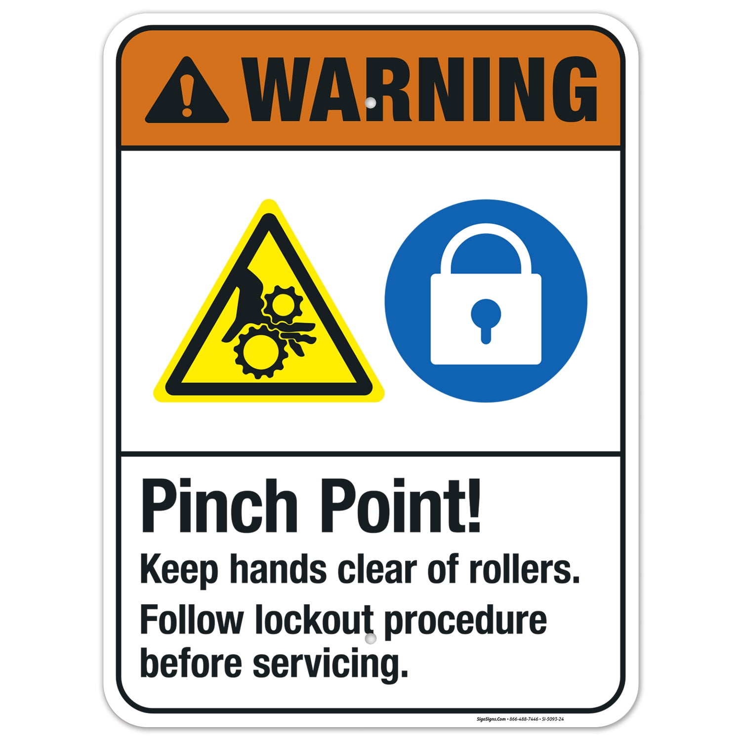 Pinch Point Keep Hands Clear Of Rollers Follow Lockout Sign, ANSI