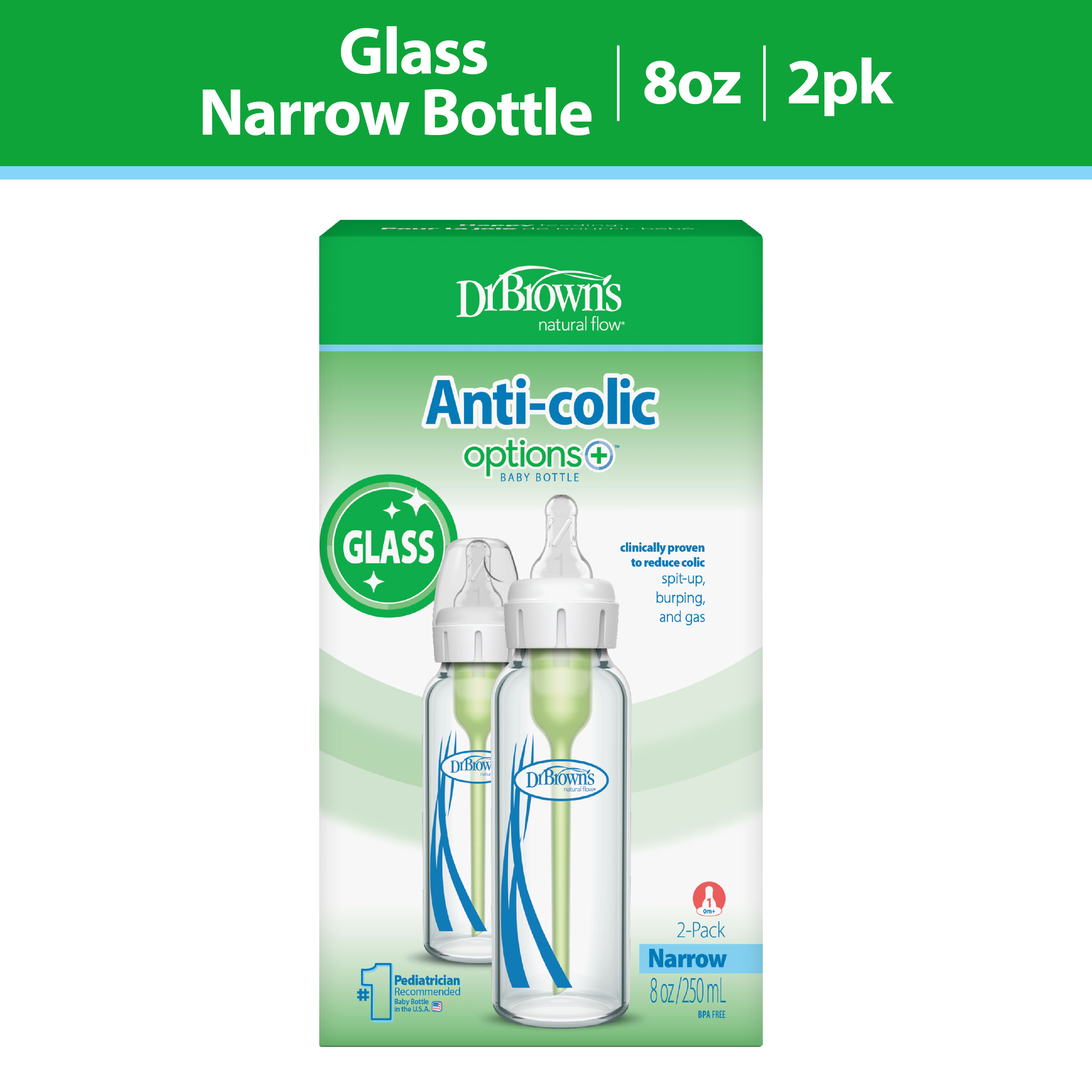 Dr. Brown's Anti-Colic Glass Baby Bottles, 8 oz, 2-Pack
