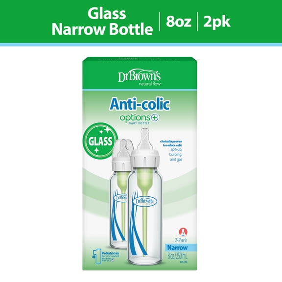 Dr. Brown's Anti-Colic Options+ Narrow Glass Baby Bottle, 8 oz/250 mL, with Level 1 Slow Flow Nipple, BPA Free, 0m+, 2 Pack