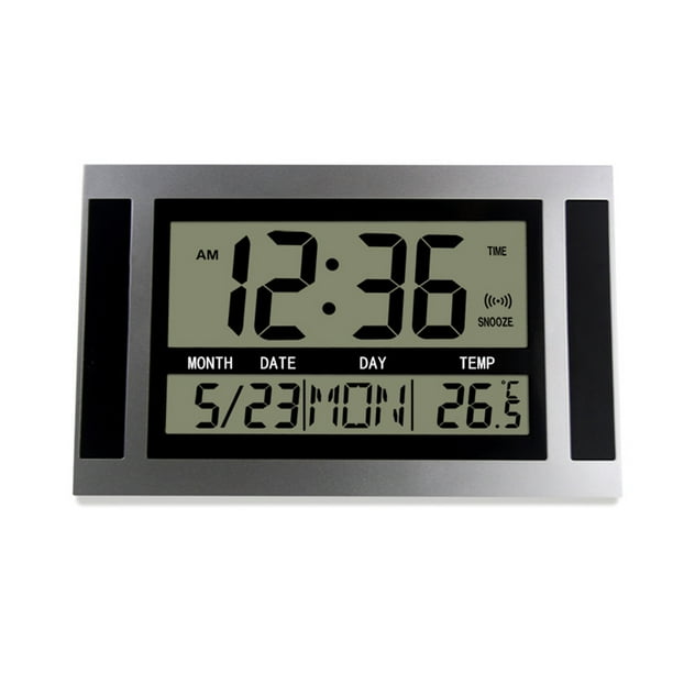 Riwesomey Reloj de pared digital LCD Gran tiempo Temperatura Calendario Alarma Grano de madera Escritorio Campana Termómetro Dormitorio de Artesanía Negro plata