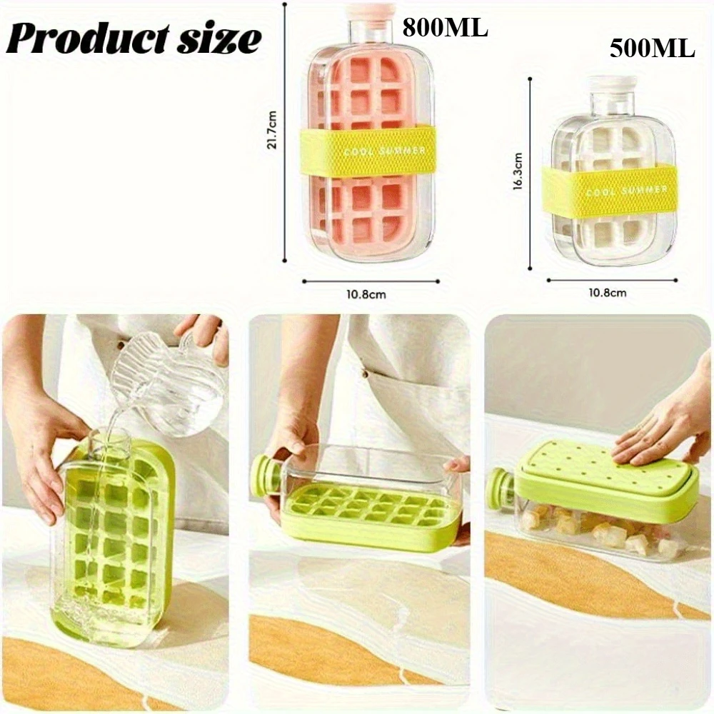 2-in-1 Press Type Cooling Cup Water Bottle with Ice Mold, No Touch Ice Maker with Lid for Whiskey, Cocktails, Reusable and Portable