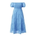 thumbnail image 5 of Vestido corto de mujer con hombros descubiertos y mangas abullonadas, corte A, bajo con volantes, tejido de poliéster, tallas S-XXL, perfecto para fiestas de verano y vacaciones., 5 of 5