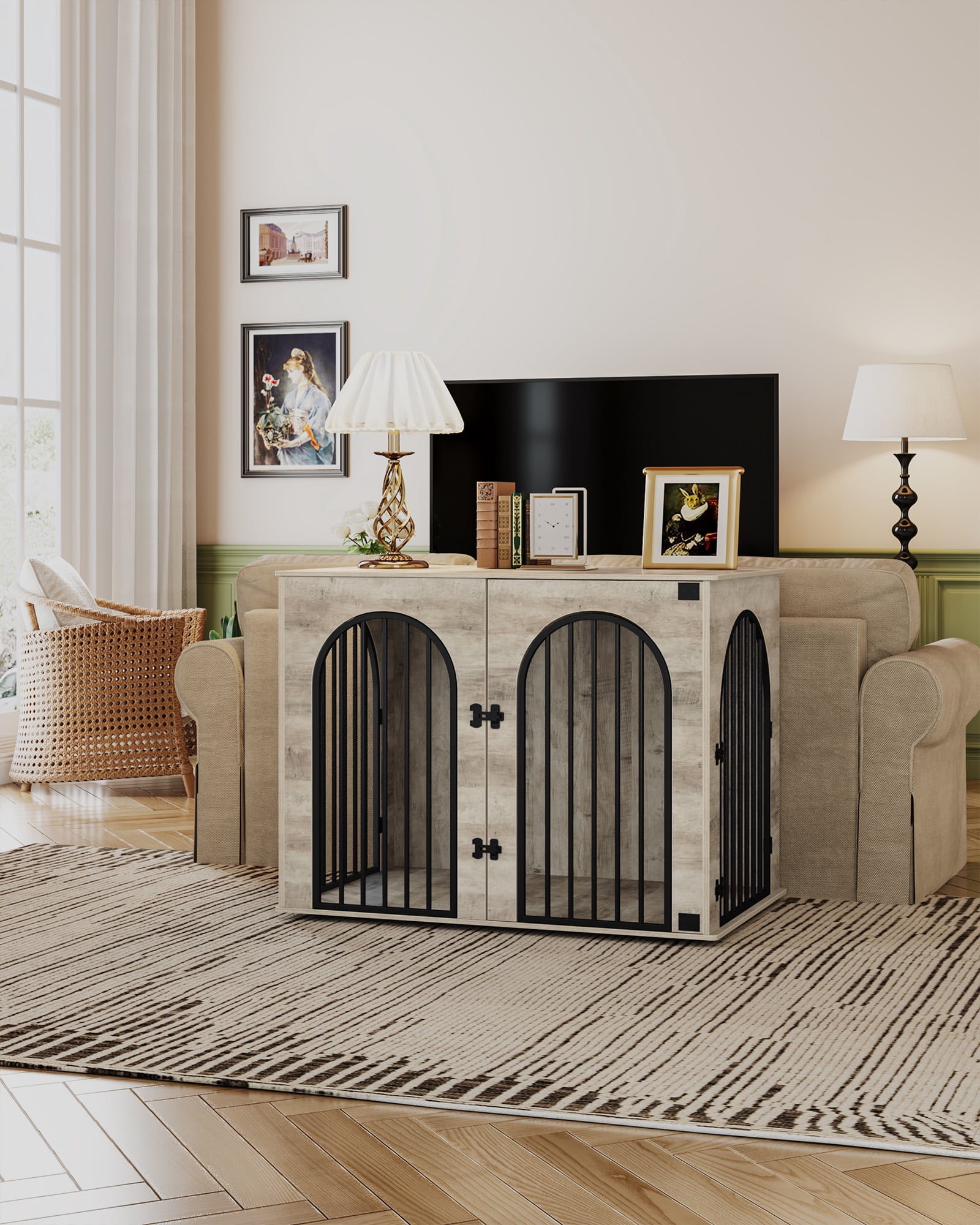 44.1" Dog Crate Furniture, 3 Door Wooden Dog Crate Furniture for Small/Medium/Large Dog,Greige Black