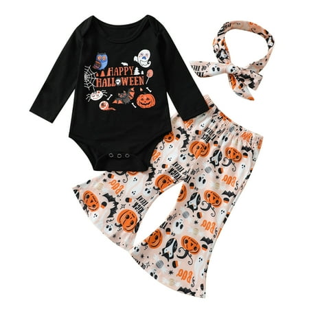 

XINSHIDE Toddler Kids Boys Girls Outfit Festival Pumpkin Printed Long Sleeve Romper Bell Bottom Pants Hairband 3Pcs Set Outfits Baby Girl Clothes