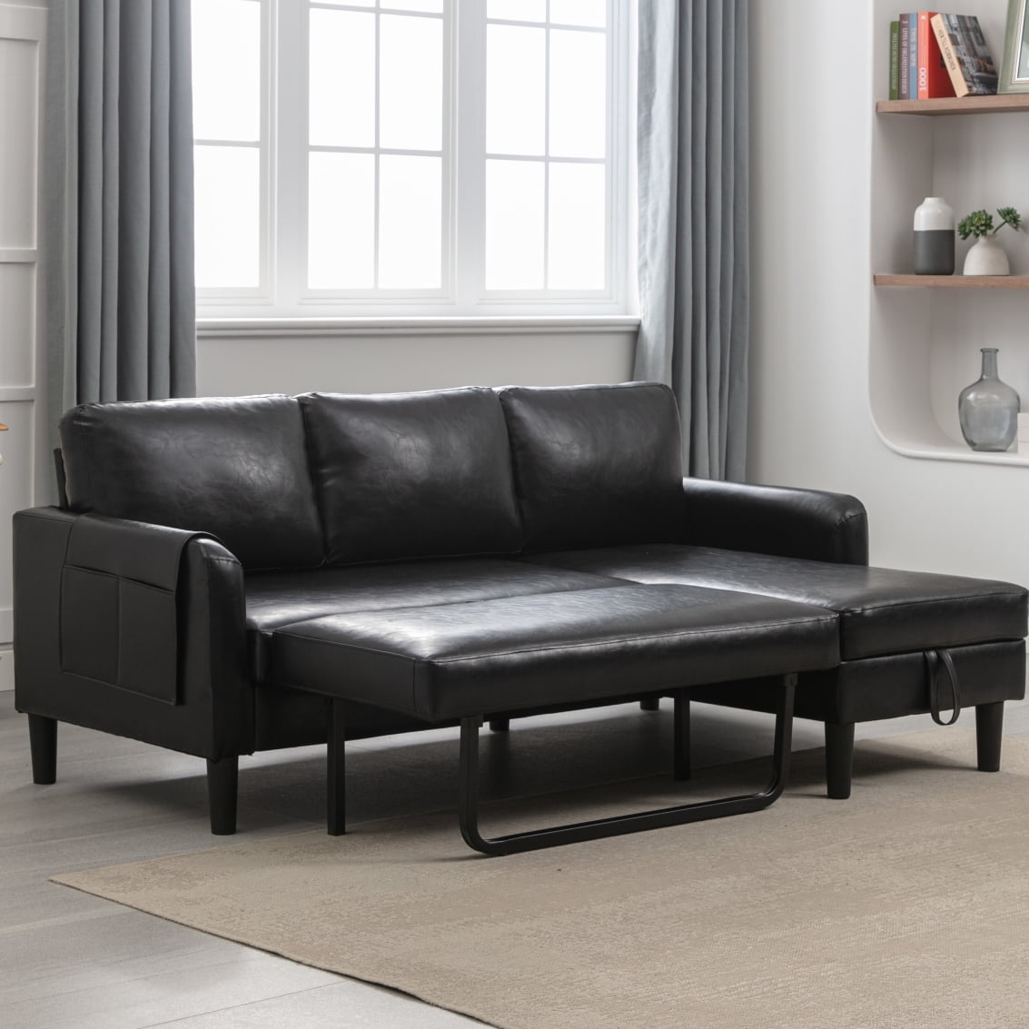 Resenkos Air Leather L Shaped Sleeper Sectional Sofa with Storage Chaise, Couch Convertible Pull-Out Bed, Black Resenkos Air Leather L Shaped Sleeper Sectional Sofa with Storage Chaise, Couch Convertible Pull-Out Bed, Black