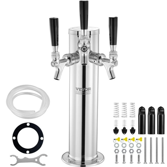 VEVOR Triple Taps Draft Beer Tower Dispenser, Stainless Steel Keg Beer Tower, Kegerator Tower Kit with Pre-Assembled Tubing and Self-Closing Faucet Shanks for Party, Bar, Pub,