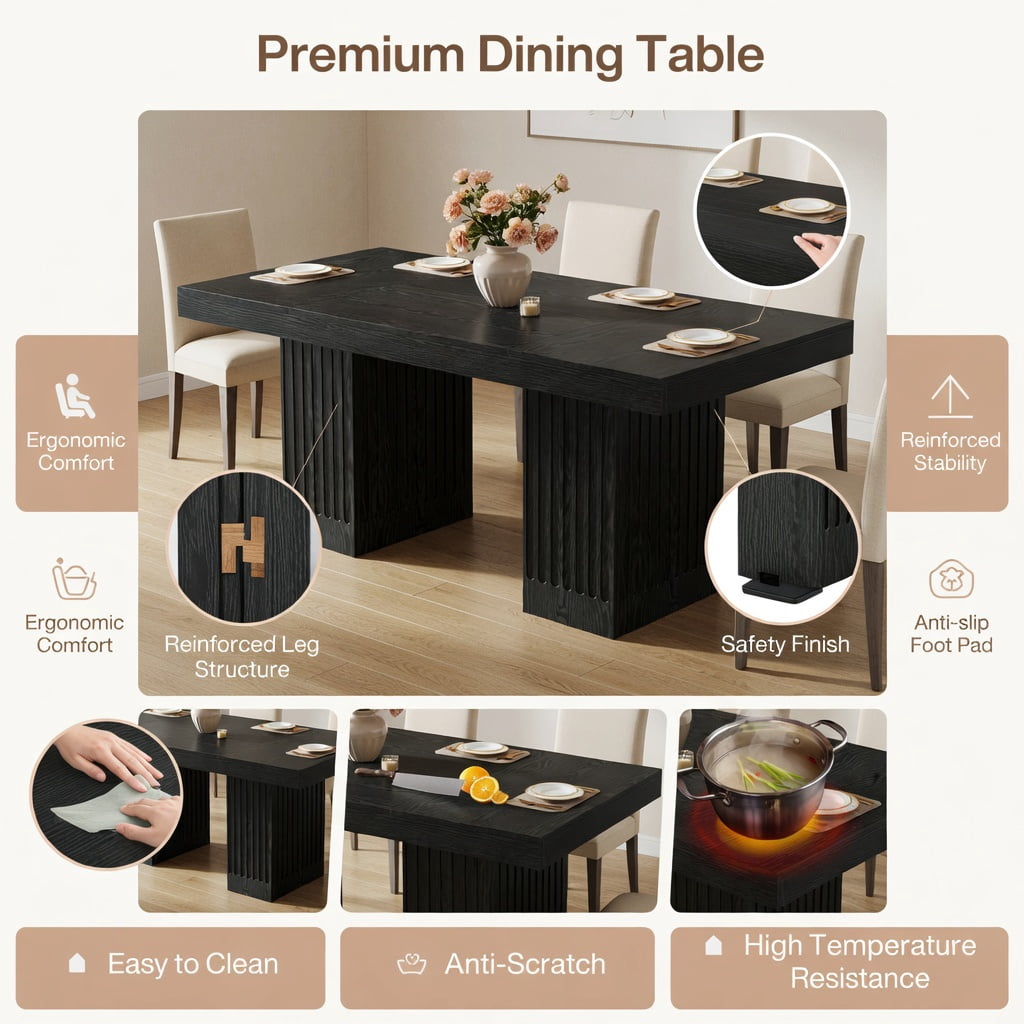Hommoo 63 Inch Rectangular Dining Table for 4-6 People, Double Pedestal Kitchen Table with Scratch-Resistant, Modern Fluted Legs, Easy Assembly, Black