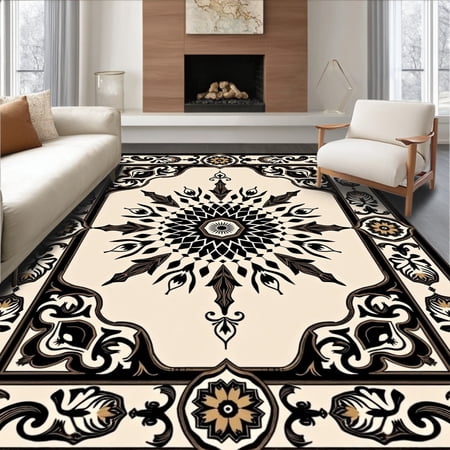 ODIKA 4' x 6' Machine Washable Non-Slip Area Rug, Middle Eastern Medallion High Traffic Rug, Beige, 388568
