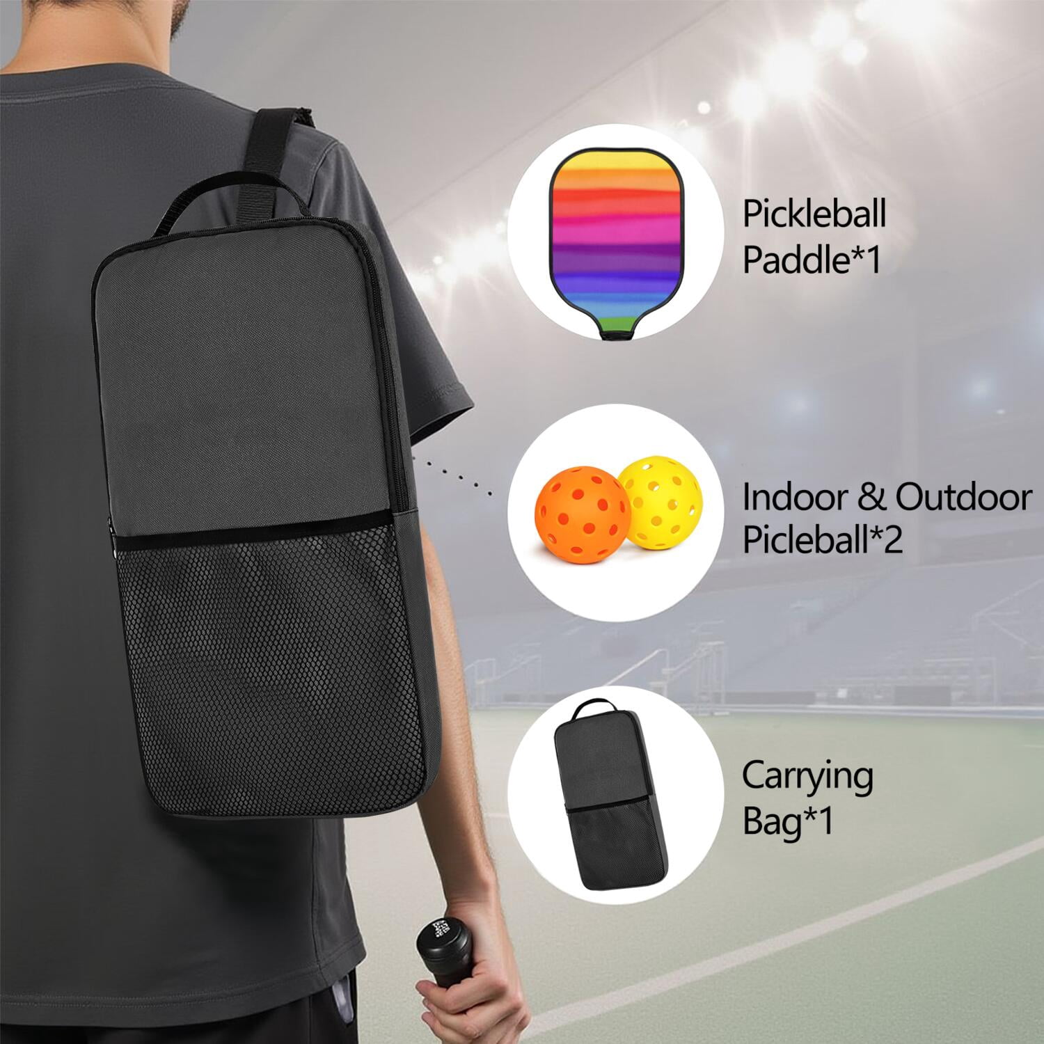 Pickleball Paddles Set Of 1, Fiberglass Surface, Vibrant Rainbow Print, 1 Paddle, 2 Balls & Bag