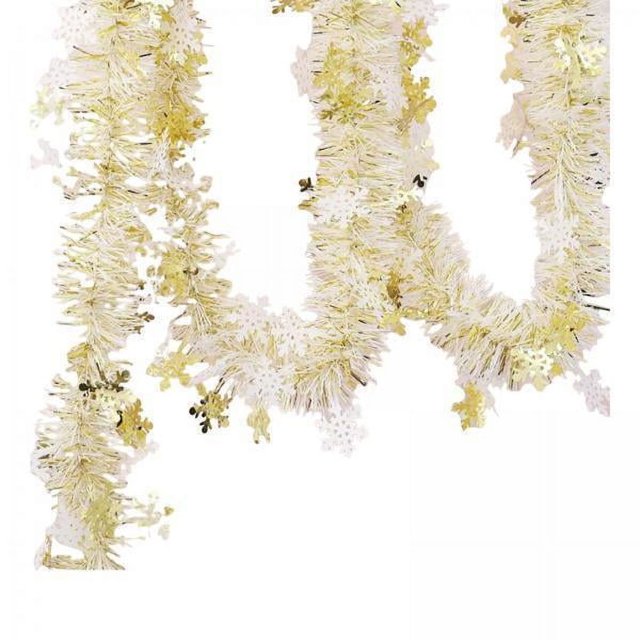 2 guirnaldas navideñas con purpurina larga para suministros decorativos para fiestas de cumpleaños, copos de nieve dorados guirnalda de 180 cm y 9 cm de ancho en PP brillante con filamentos metálicos y copos dorados recortados, vista frontal que muestra la textura y los adornos; adecuada para colgar en paredes, puertas, ventanas o árbol de Navidad, también se usa a menudo como decoración principal en reuniones festivas.