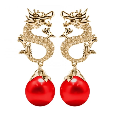DESIGNICE Chinese New Year Dragon Earrings for Women Glitter Cubic Zirconia Pearl Dangle Jewelry Earrings Red
