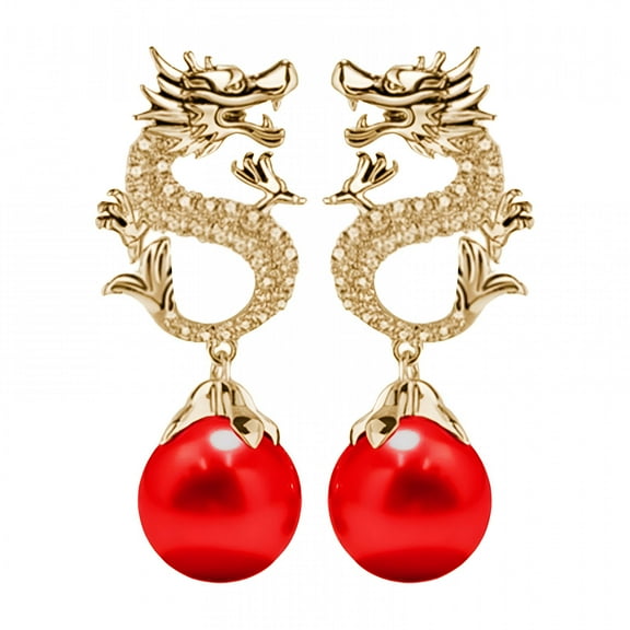 DESIGNICE Chinese New Year Dragon Earrings for Women Glitter Cubic Zirconia Pearl Dangle Jewelry Earrings Red