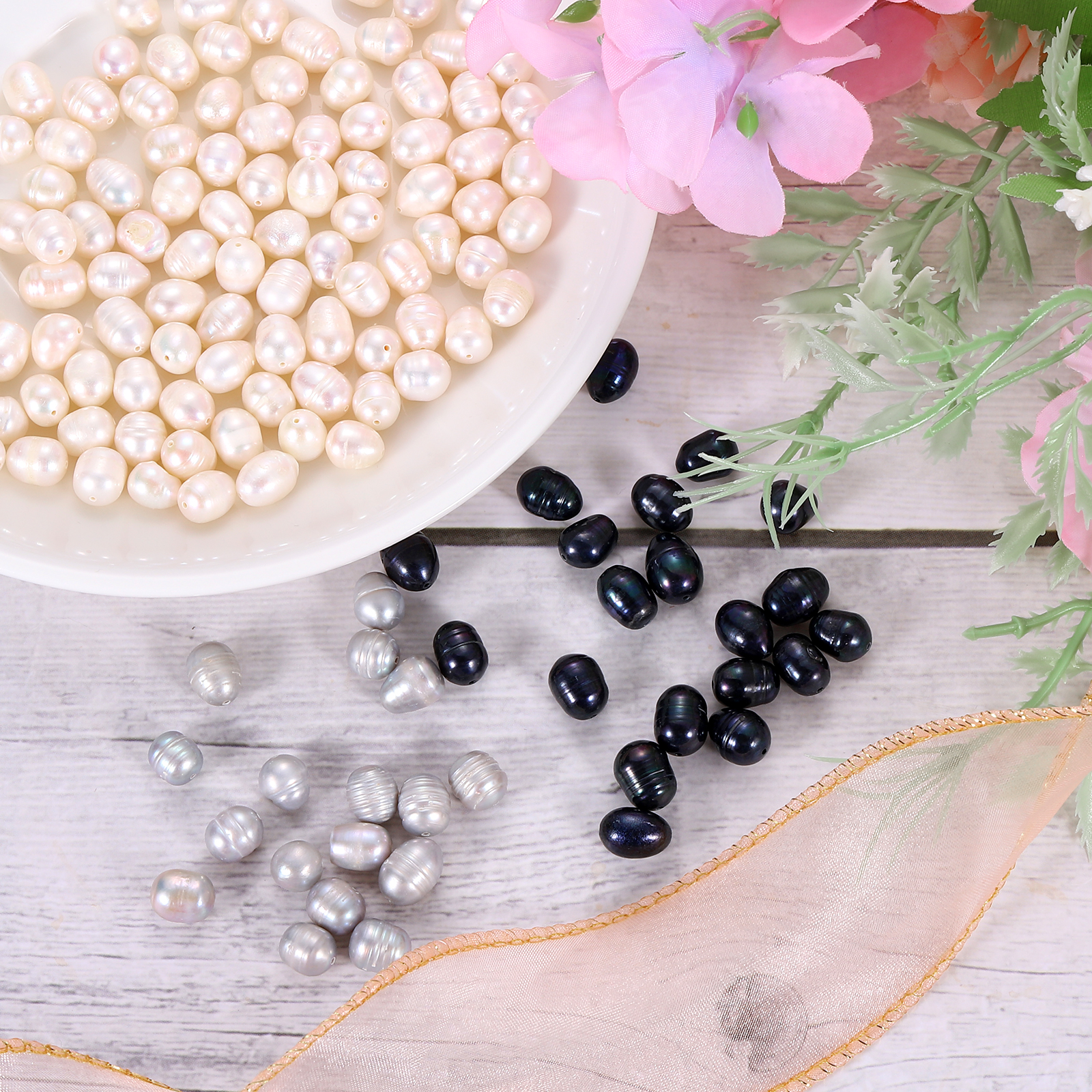 Uxcell 100 Pcs Natural Freshwater Pearl Beads, 7-8mm Oval Rice Shape Loose Gemstone Pearls 0.8mm Hole for Leather Cord Beading Jewelry Making DIY Craft, Gray
