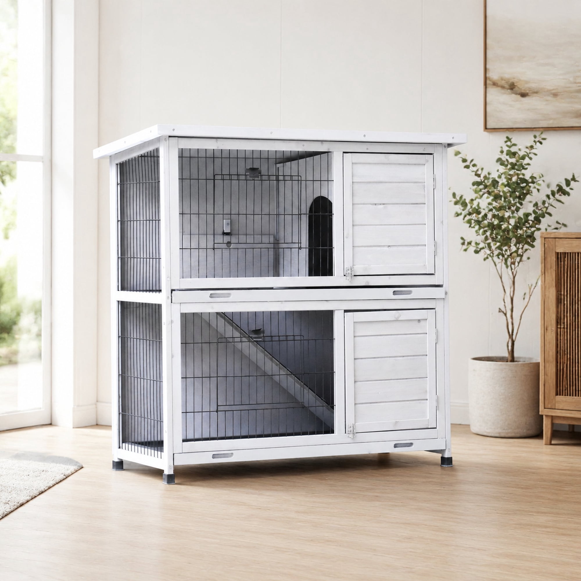 2-Story Outdoor Rabbit Hutch with Run, Waterproof Roof & Removable Trays for Small Animals