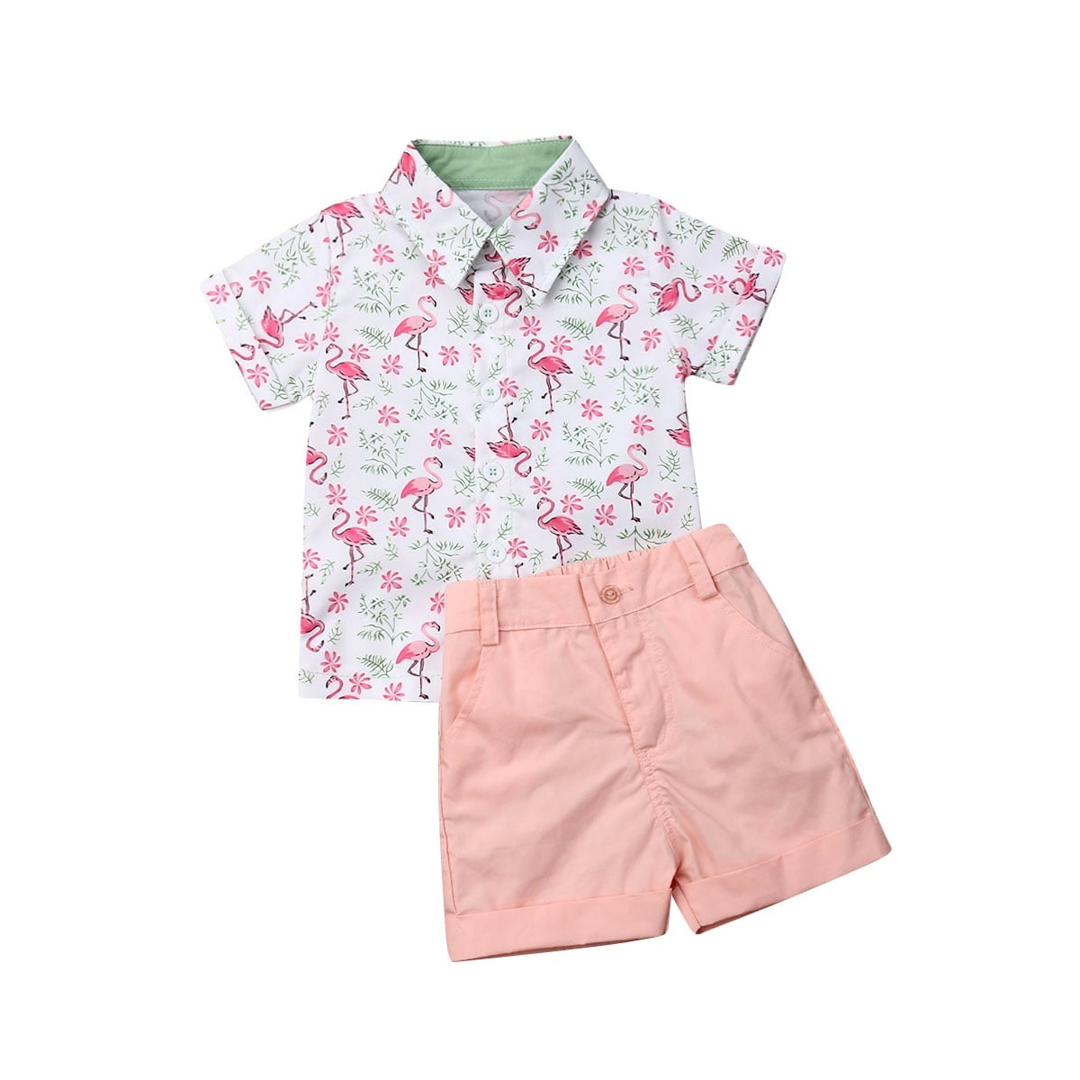 Emmababy Kids Boys Gentleman Clothes Flower Flamingo Print T Shirt Tops Shorts Pants Toddler Boys Summer Outfit 2pcs Set Pink