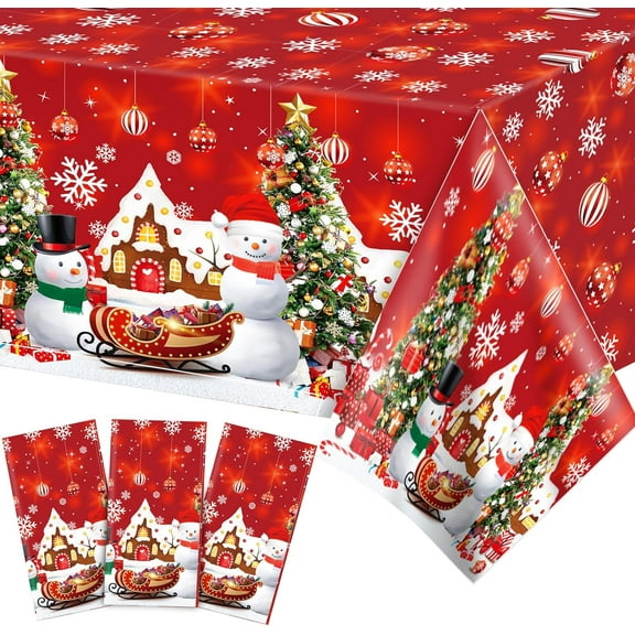 Konsait 3 Pack Christmas Tablecloth, Snowman Christmas Table Cover Disposable Rectangle Xmas Snowflakes Plastic Table Cloths for Christmas Table Decorations Holiday Party Supplies, 51x86inch Red