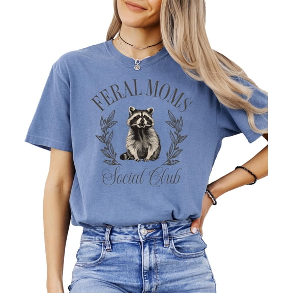 Feral Moms Social Club Shirt for Women Funny Raccoon Mom Tee Blue Jean Shirt Adult Large