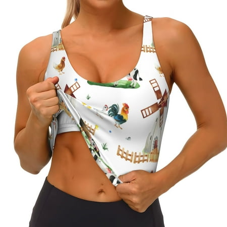 Qokaie Cute Farm Pattern Womens Scoop Neck Sports Bra Breathable Workout Vest Padded U Back Medium Impact Fitness Gym Yoga Bra Workout Crop Top