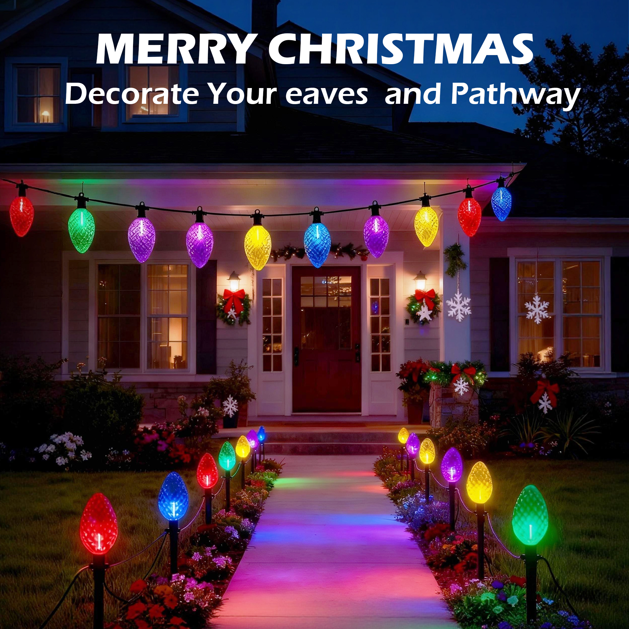 Beatineon 23ft C9 Faceted Pathway Lights, 12 Multicolor Christmas String Lights with 12 Ground Stakes, IP65 Waterproof Connectable Outdoor Decor, ETL Listed