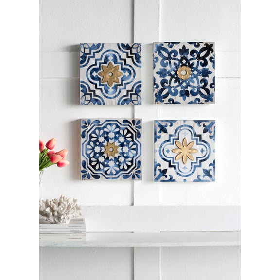 S/4 Abstract Blue, White, and Gold Wall Decor Accents, 9.5x9.5"