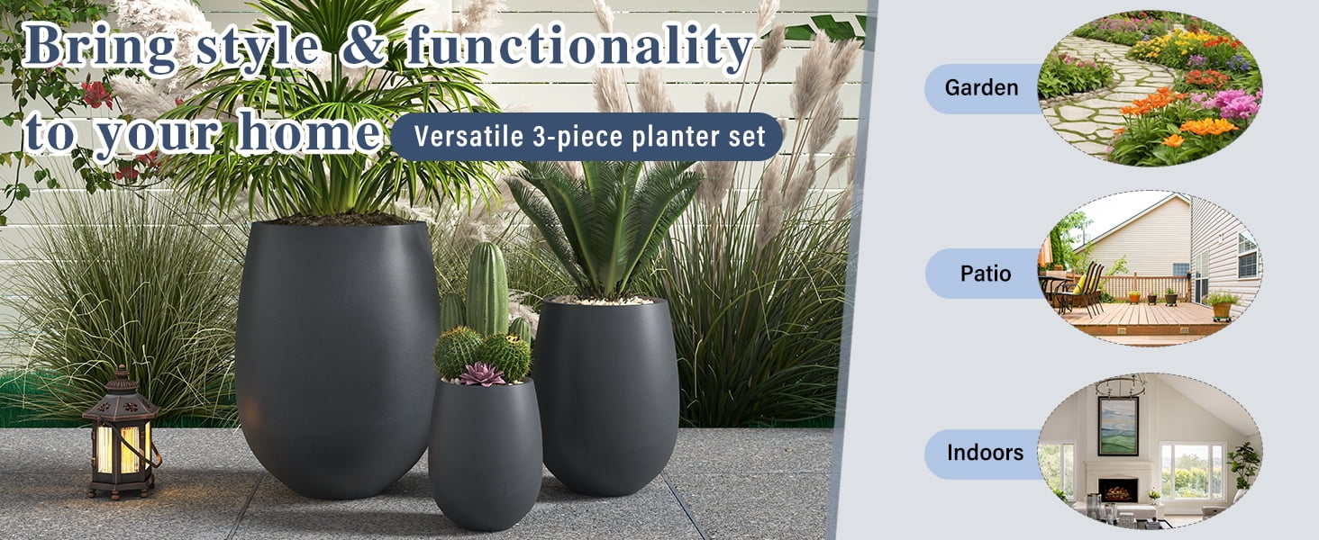 Mintazer Modern Planter Set of 3, 15.6"/10.74"/7.3" Round Stackable Flower Pots with Drainage Holes, Decorative Plant Pots for Indoor & Outdoor, Black