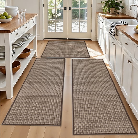 Vaukki Kitchen Rugs Sets of 3, Woven Textured Machine Washable Kitchen Mats with Foam Rubber Backing, Non Slip Absorbent Low Profile Floor Mats for Sink Laundry Room,Brown