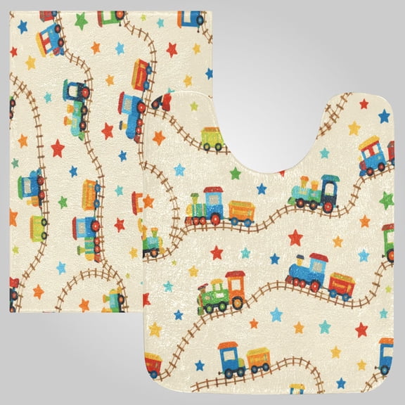 RMDQTR 2PCs Bathroom Rugs Set Plush Toilet Base Mat 16" × 24" Bath Mat and 20" × 24" U Shape Soft Rugs Non Slip Absorbent Train Track Star Pattern
