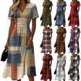 thumbnail image 4 of Minjewel Women's Plaid V-Neck Short Sleeve Gingham Shift Mini Dress - Summer Preppy Vacation Outfit, Loose Flowy Beach Party Dress, Comfy Casual Top,Brown,S, 4 of 6