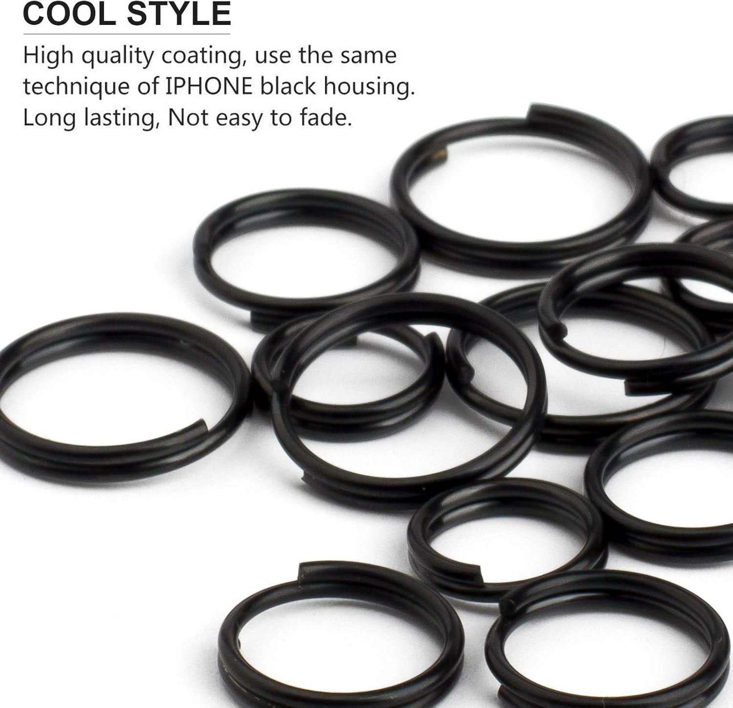 Titanium Key Rings Split Rings, Small Keyrings, Jump Rings for Necklaces, Keys, Jewelry Attachment - 15pcs Mix 10/12/14mm (Black)