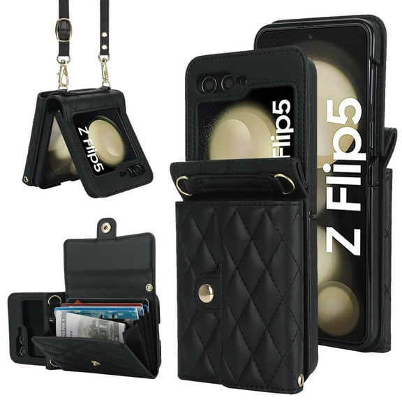 ELEHOLD Wallet Case for Samsung Galaxy Z Flip 6, Leather Long Shoulder Strap Card Slot Holder Purse Cover Crossbody Protective Case for Women Girls for Samsung Galaxy Z Flip 6,Black