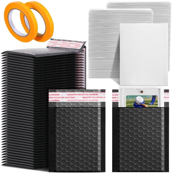 Engrowtic 302 Pcs Trading Card Shipping Protector Set Include 200 Precut Plastic Inserts Card Mailers 100 Poly Bubble Mailers Padded Envelopes and 2 Masking Tape(Bla