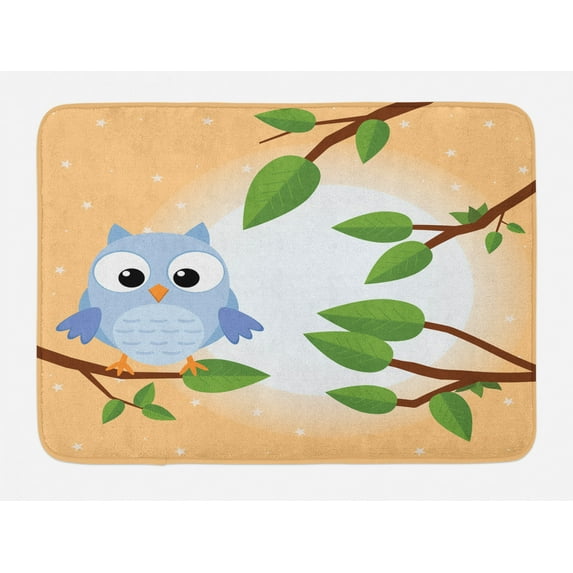 Owl Print Bath Mat, Pattern of a Flying Creature on a Tree Branch in a Sunny Forest, Plush Bathroom Decor Mat with Non Slip Backing, 29.5" X 17.5", Peach and Multicolor, by Ambesonne