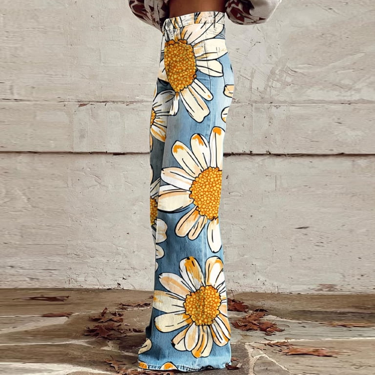 Tnhcen Women's Sunflower Print Denim Pants High Waisted Wide Leg