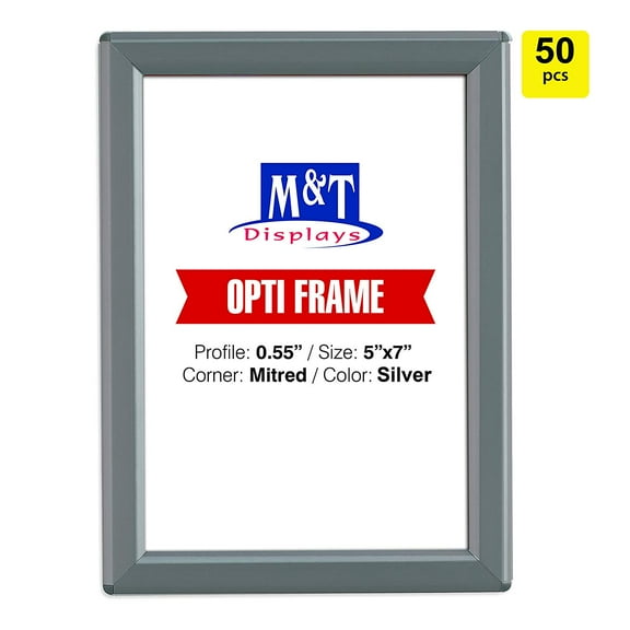 M&T Displays 5x7 Snap Frame, Opti Frame, Aluminum, Wall Mounted Frames - Silver / 50pcs / Front Loading