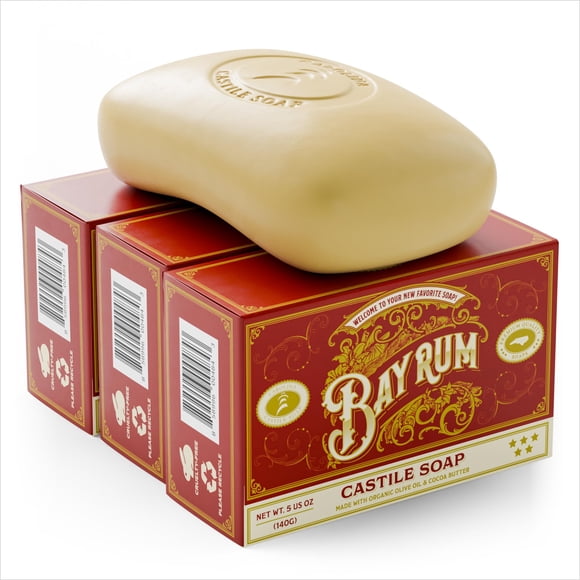 Carolina Castile Soap Vegan Bay Rum Castile Bar Soap - 3 barras de jabón natural para hombres, mujeres y niños - Barras de jabón de castilla hidratantes suaves con manteca de cacao orgánica y aceite d
