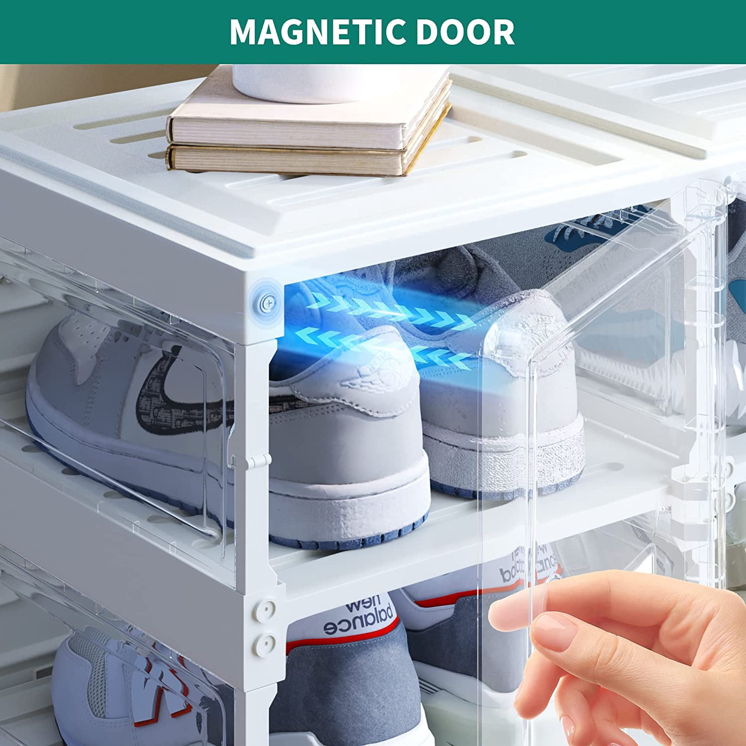 YITAHOME Shoe Storage Organizer, Installation-Free Shoe Box with Doors, 2-16 Grid Stackable Transparent Folding Shoe Cabinet for Hallway, Living Room, Closet (White)