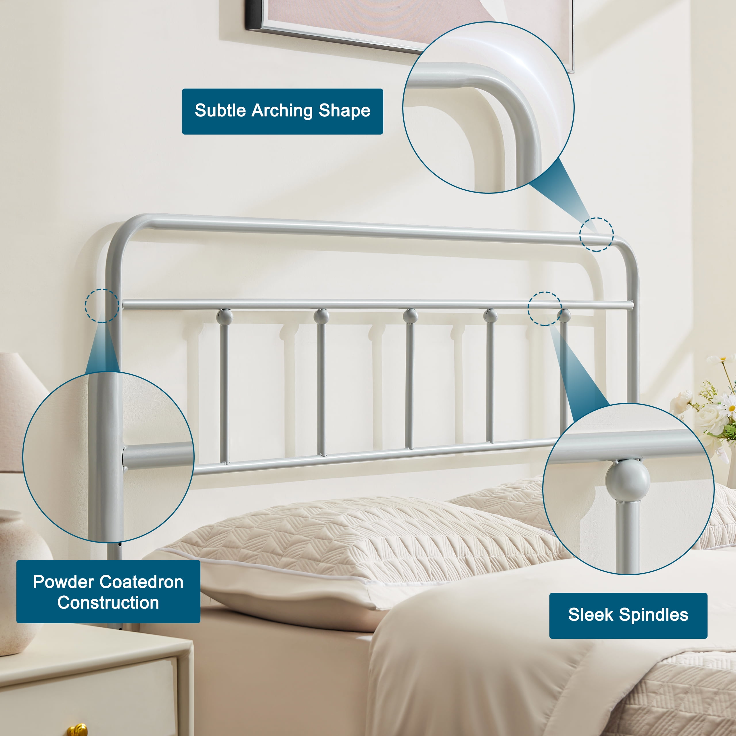 Huatean Queen Size Metal Headboard, Iron Head Board Adjustable Height from 34" to 44", Gray