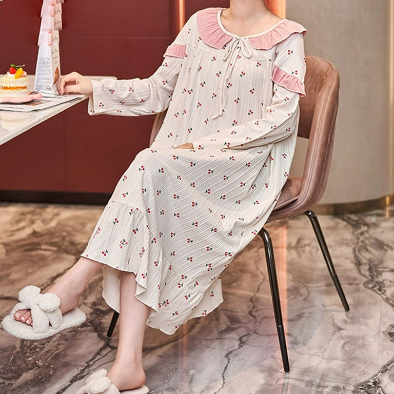 Homgro Women's Cute Long Sleeve Nightgown Padded Midi Sleep Dress Ruffle  Nighty Cotton Sleepwear Beige 12 