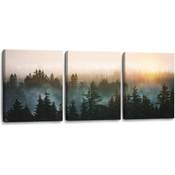 Forest Bathed in Sunlight Canvas Print Picture Painting Wall Art for Bedroom Living Room Framed 3 Piece Artwork Wall Decor for Bathroom Modern Room Plants Wall Decorations Size 12x16x3 Ready to Hang