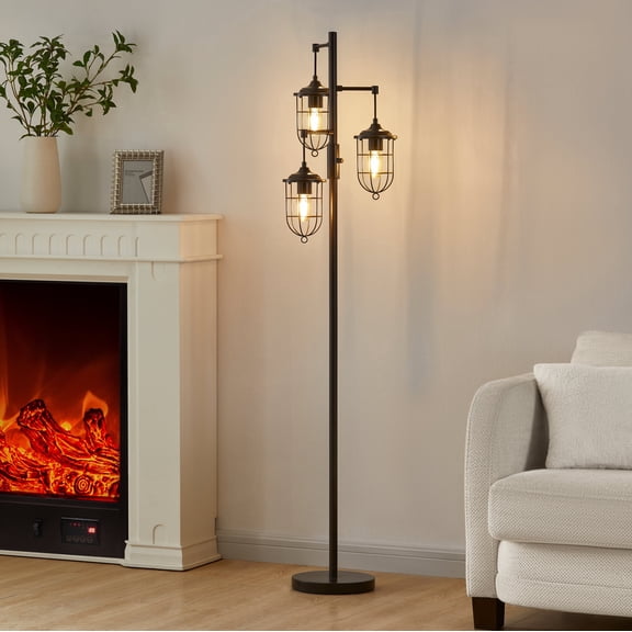 KAWOTI 64.75'' Industrial Bronze 3-Light Lantern Floor Lamp with  Metal Cage Shades, Bulbs Included