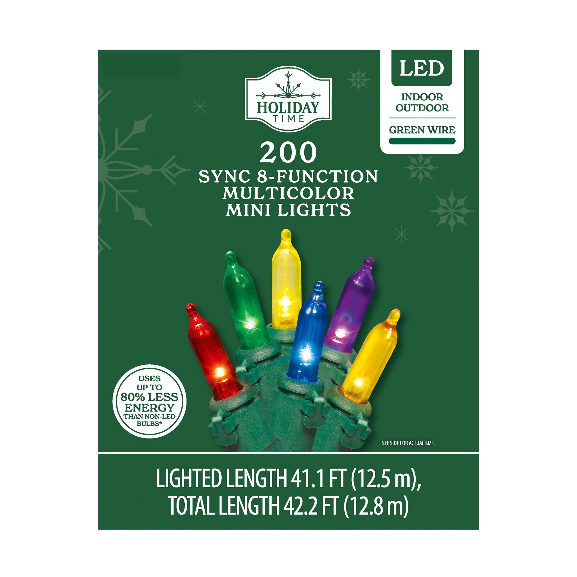 Indoor/Outdoor 200-Count LED 8 Function-Sync Mini Christmas Lights, Multicolor, 41.1', Holiday Time