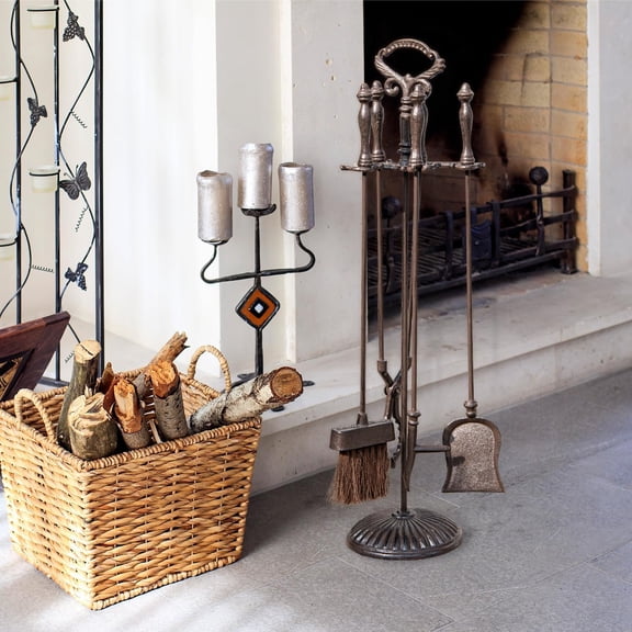 5PC Cast Iron Fireplace Tools Set, Heavy-Duty Large Fire Tool Set, Rustic Brown Fireset Stand, Indoor Outdoor Fireplace Accessories Tools Holder - Include Tong, Shovel, Poker, Brush & Holder