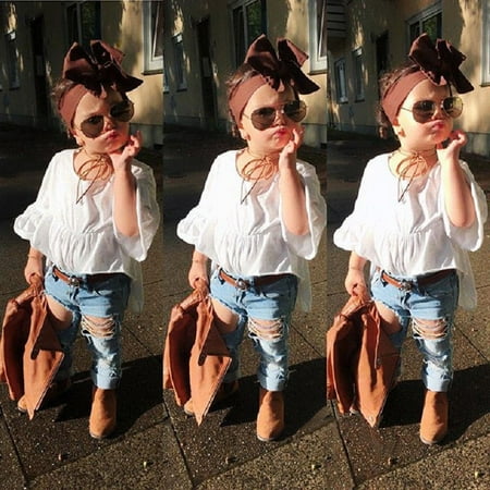 Fashion Baby Kids Girl Tunic Tops Dress Ripped Denim Pants Jeans Outfits Clothes